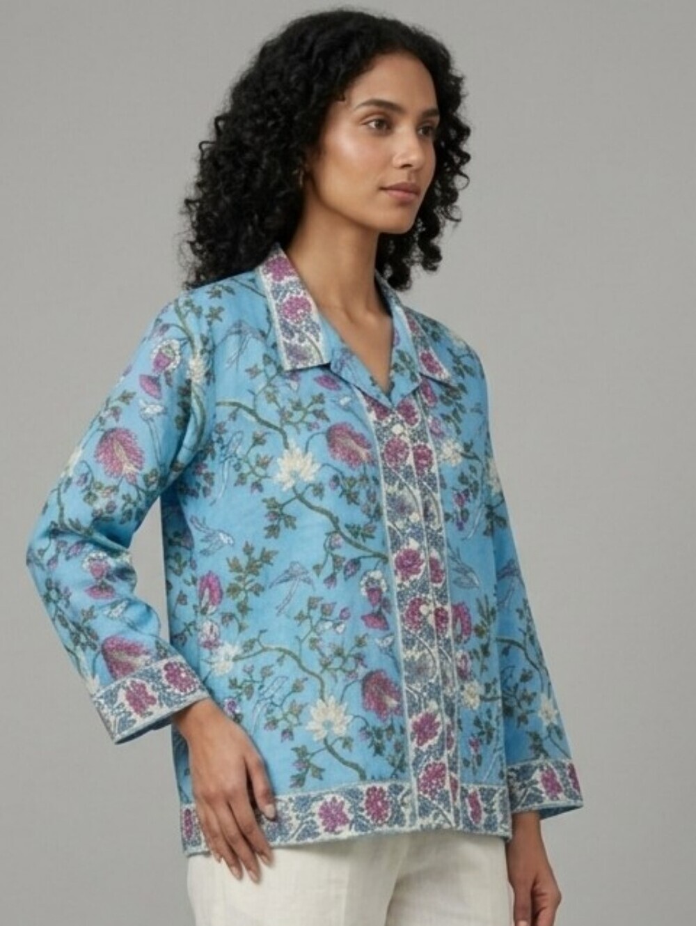 Antthony Light Blue Floral Border Button-Down Shirt